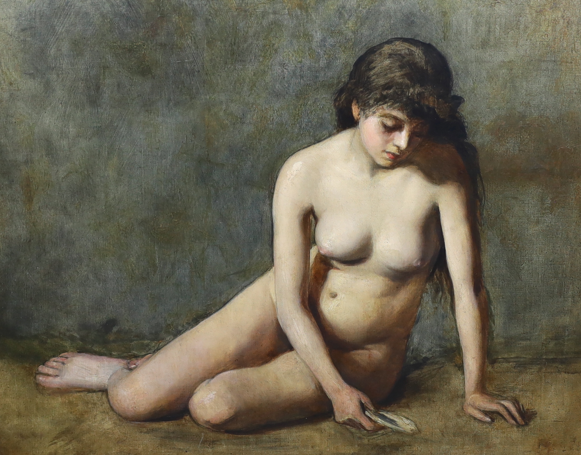 Late 19th Century French School, Seated female nude holding a seashell, oil on canvas, 78 x 98cm